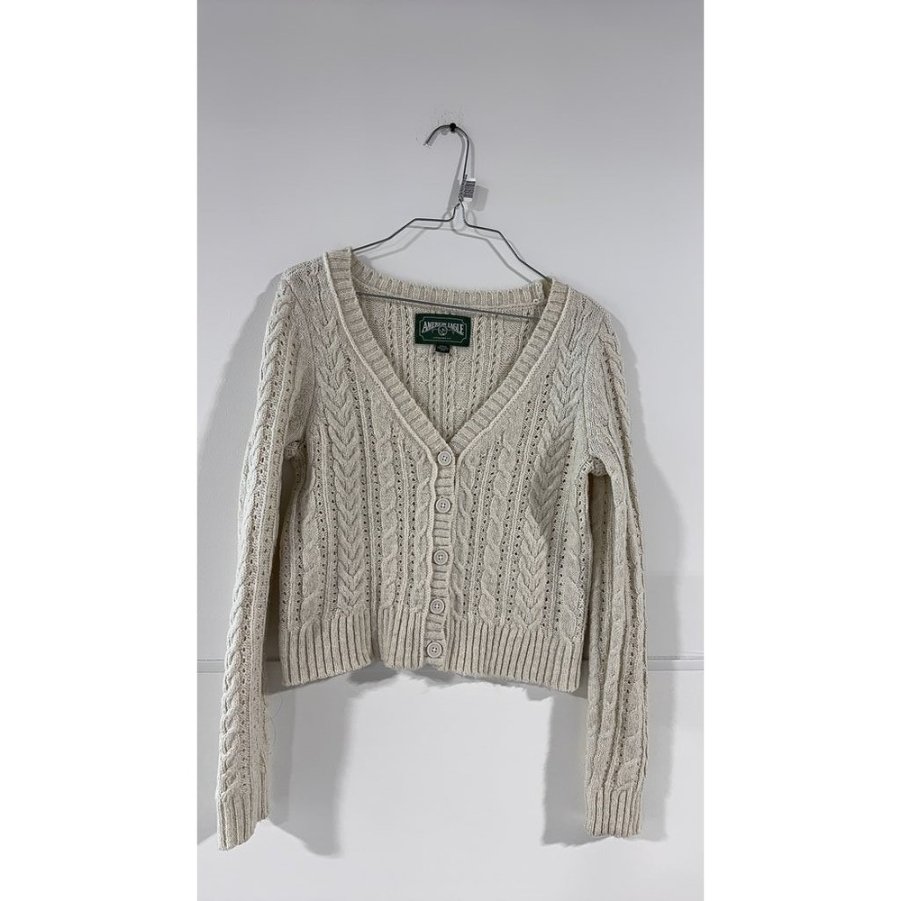 American Eagle Women Cream Cable Knit Cardigan Sweater Small Petite Button Up